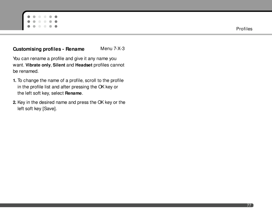 LG Electronics F2400 manual Customising profiles Rename 