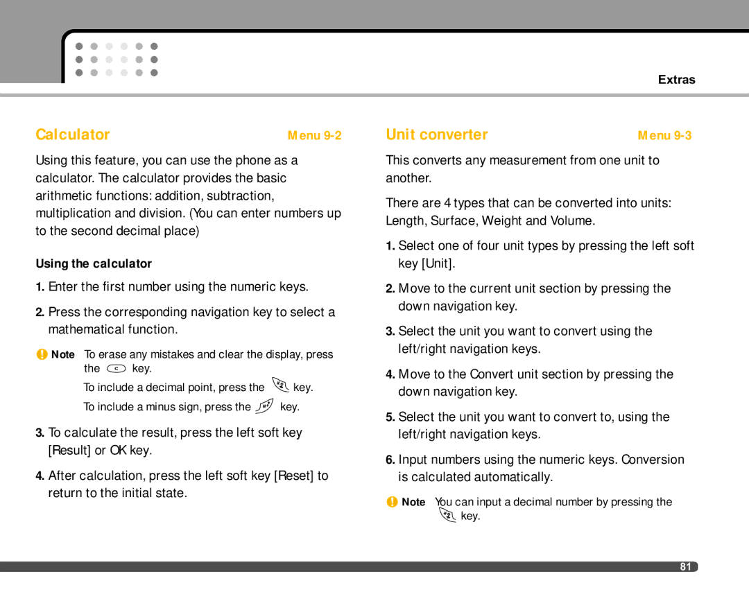 LG Electronics F2400 manual Calculator, Unit converter, Using the calculator 