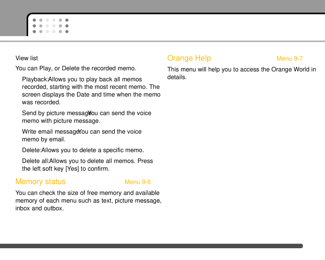 LG Electronics F2400 manual Memory status, Orange Help, View list 