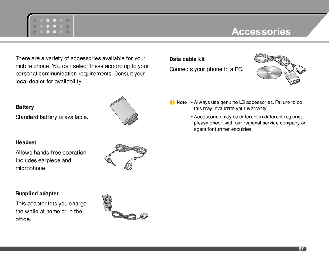 LG Electronics F2400 manual Accessories, Battery, Headset, Supplied adapter, Data cable kit 