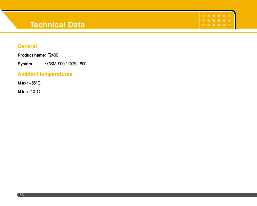 LG Electronics manual Technical Data, General, Ambient temperatures, Product name F2400 System, Max +55C Min -10C 