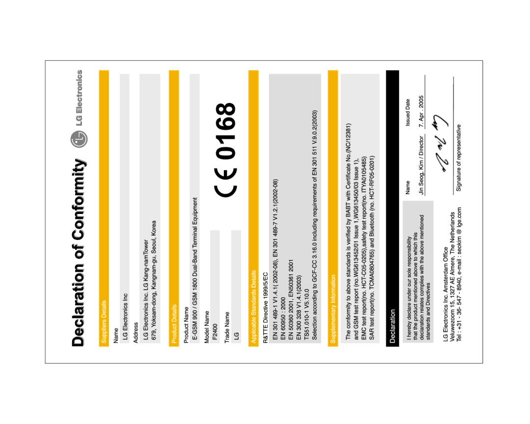 LG Electronics F2400 manual 