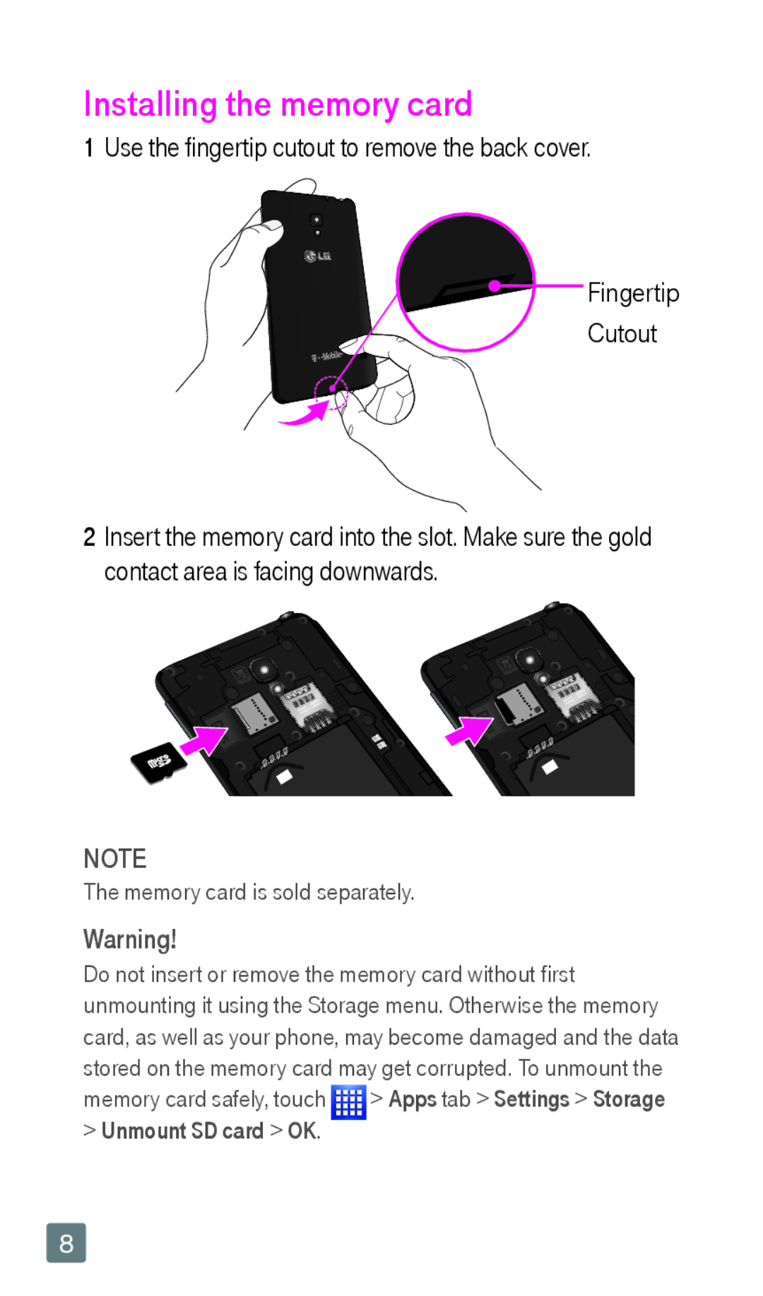 LG Electronics F6 manual Installing the memory card, Memory card is sold separately 