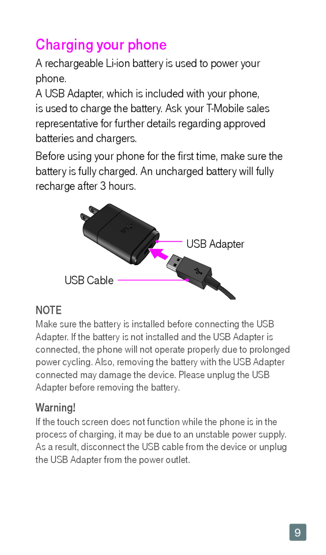 LG Electronics F6 Charging your phone, Rechargeable Li-ion battery is used to power your phone, USB Adapter USB Cable 