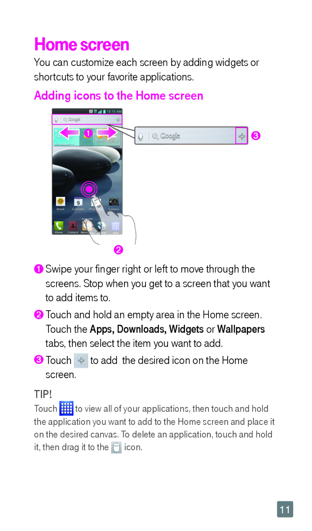 LG Electronics F6 manual Adding icons to the Home screen, Screen 