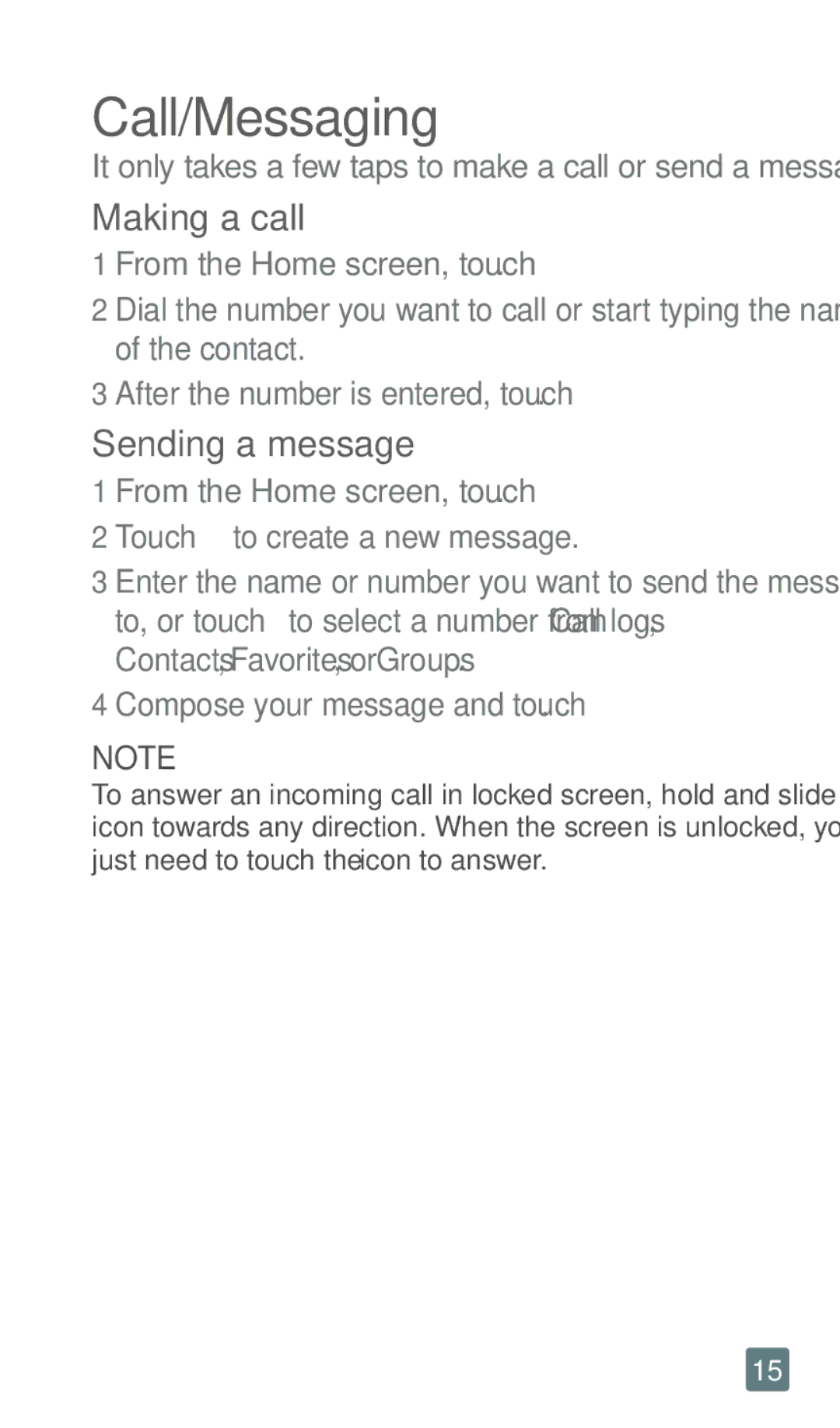 LG Electronics F6 manual Call/Messaging, Making a call, Sending a message 