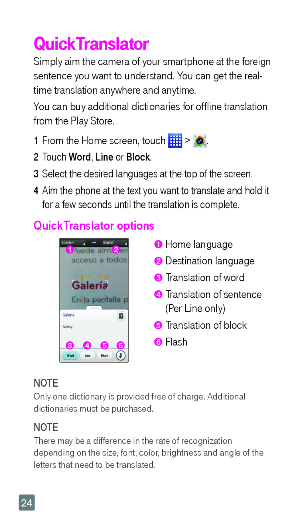 LG Electronics F6 manual QuickTranslator options, Home language Destination language Translation of word 