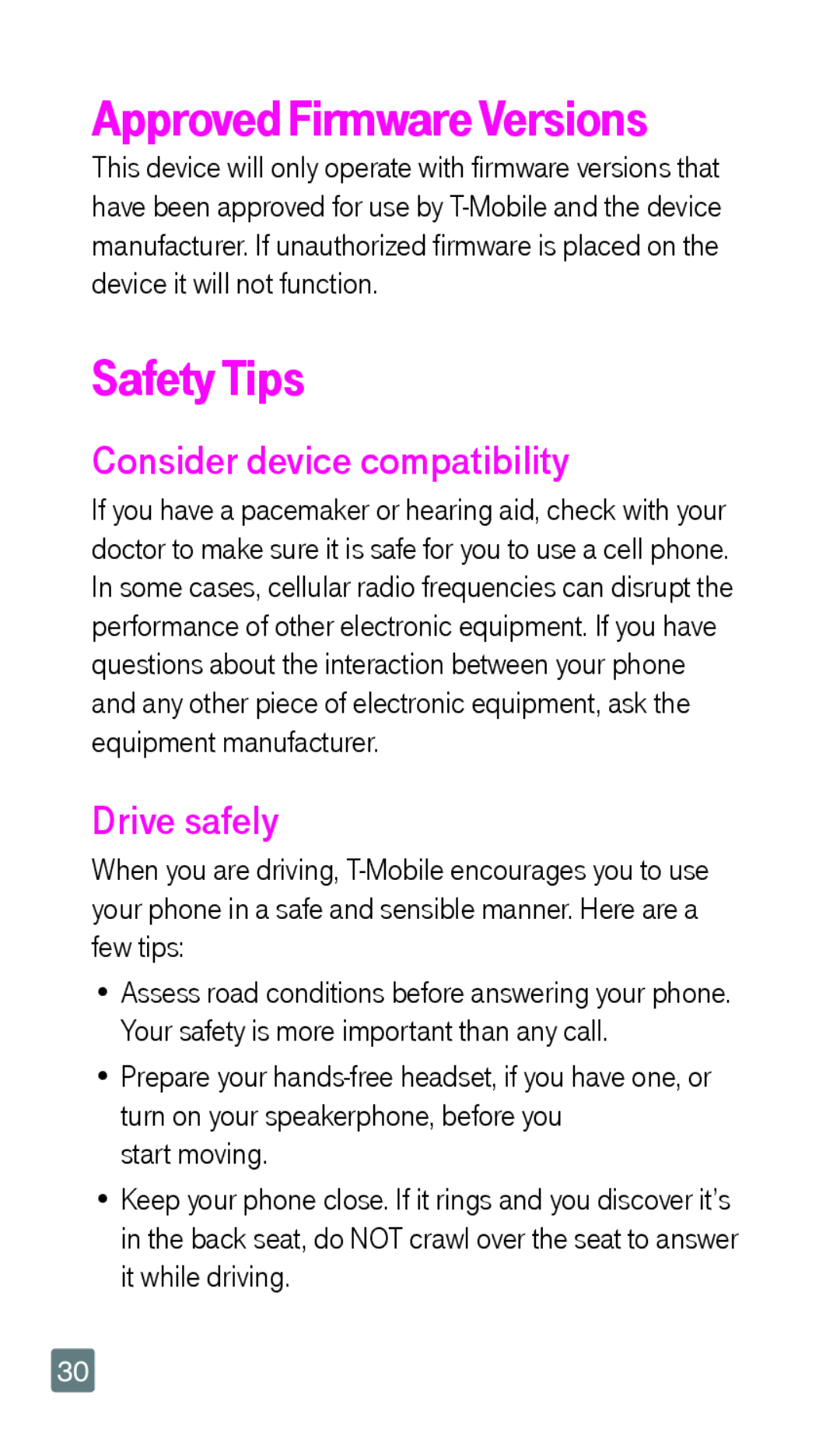 LG Electronics F6 manual Approved Firmware Versions, Safety Tips, Consider device compatibility, Drive safely, Start moving 