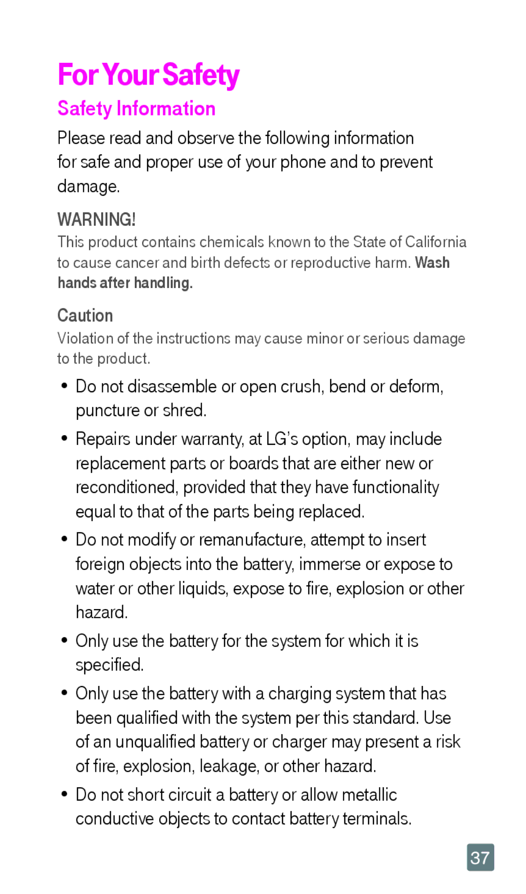 LG Electronics F6 manual For Your Safety, Safety Information 