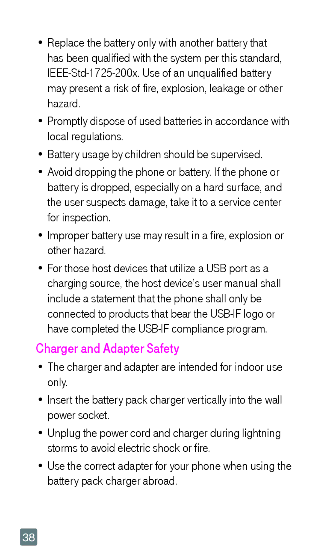 LG Electronics F6 manual Charger and Adapter Safety 