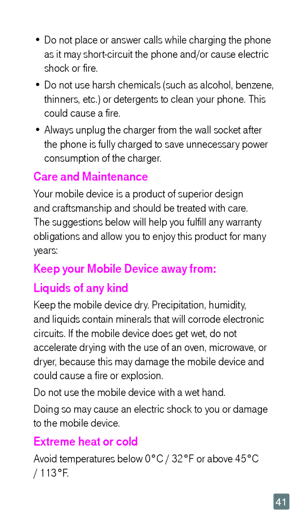 LG Electronics F6 manual Care and Maintenance, Keep your Mobile Device away from Liquids of any kind, Extreme heat or cold 