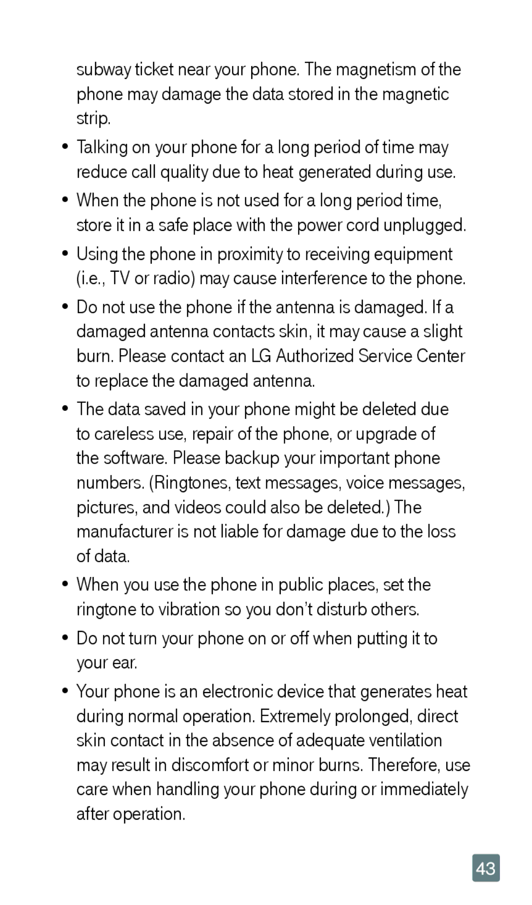 LG Electronics F6 manual Do not turn your phone on or off when putting it to your ear 