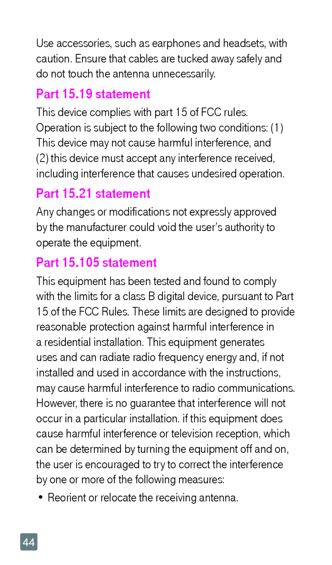 LG Electronics F6 manual Part 15.19 statement, Part 15.21 statement, Part 15.105 statement 