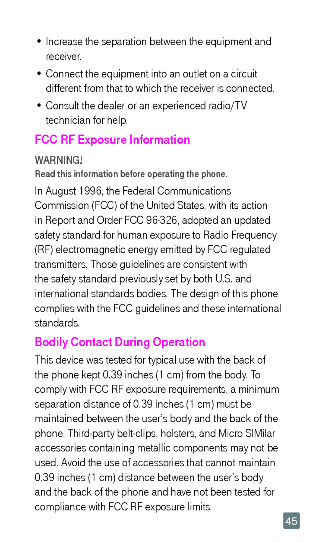 LG Electronics F6 manual FCC RF Exposure Information, Bodily Contact During Operation 