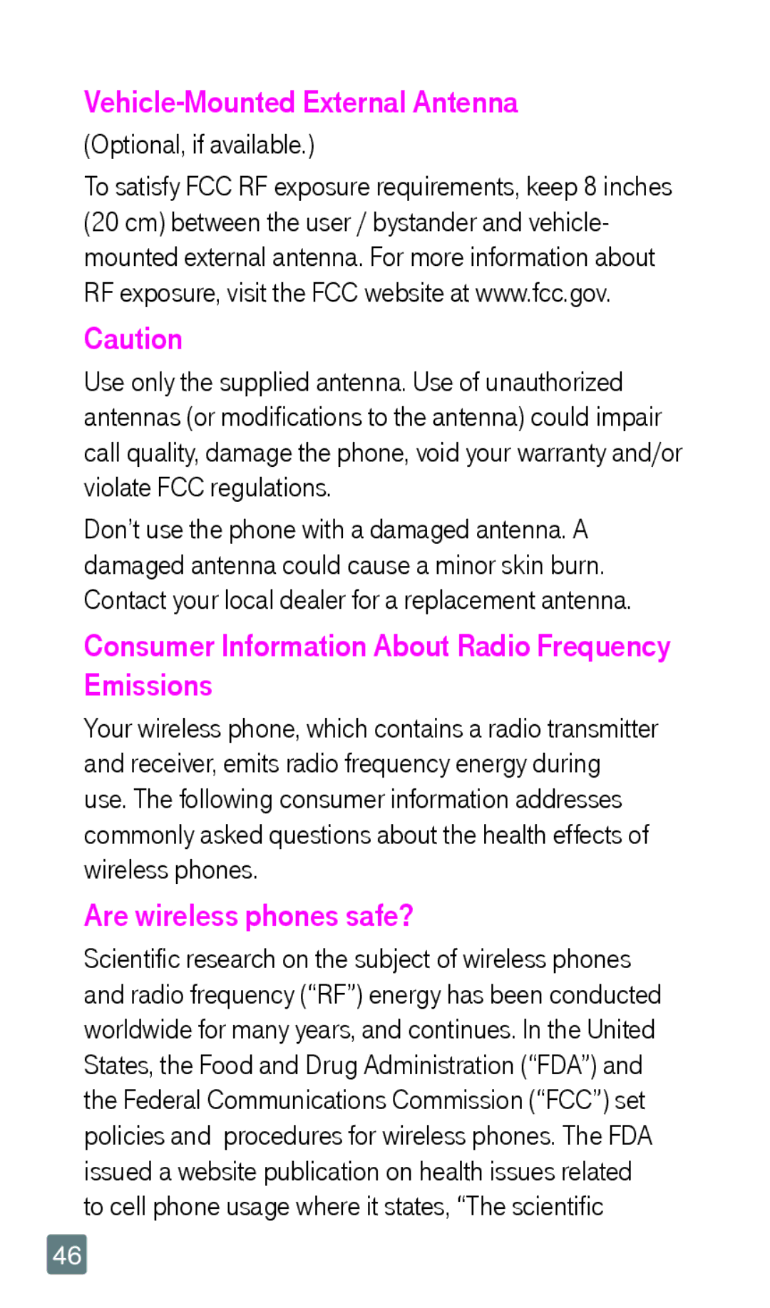 LG Electronics F6 manual Vehicle-Mounted External Antenna, Consumer Information About Radio Frequency Emissions 