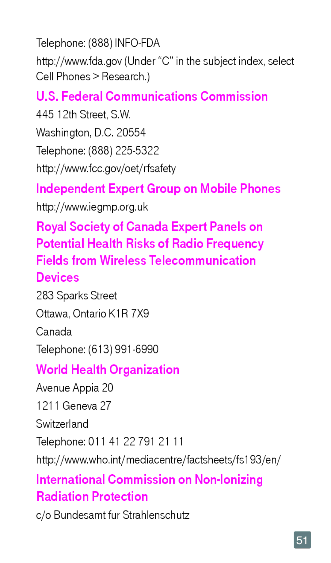 LG Electronics F6 manual World Health Organization, Telephone 888 INFO-FDA, Avenue Appia, Bundesamt fur Strahlenschutz 