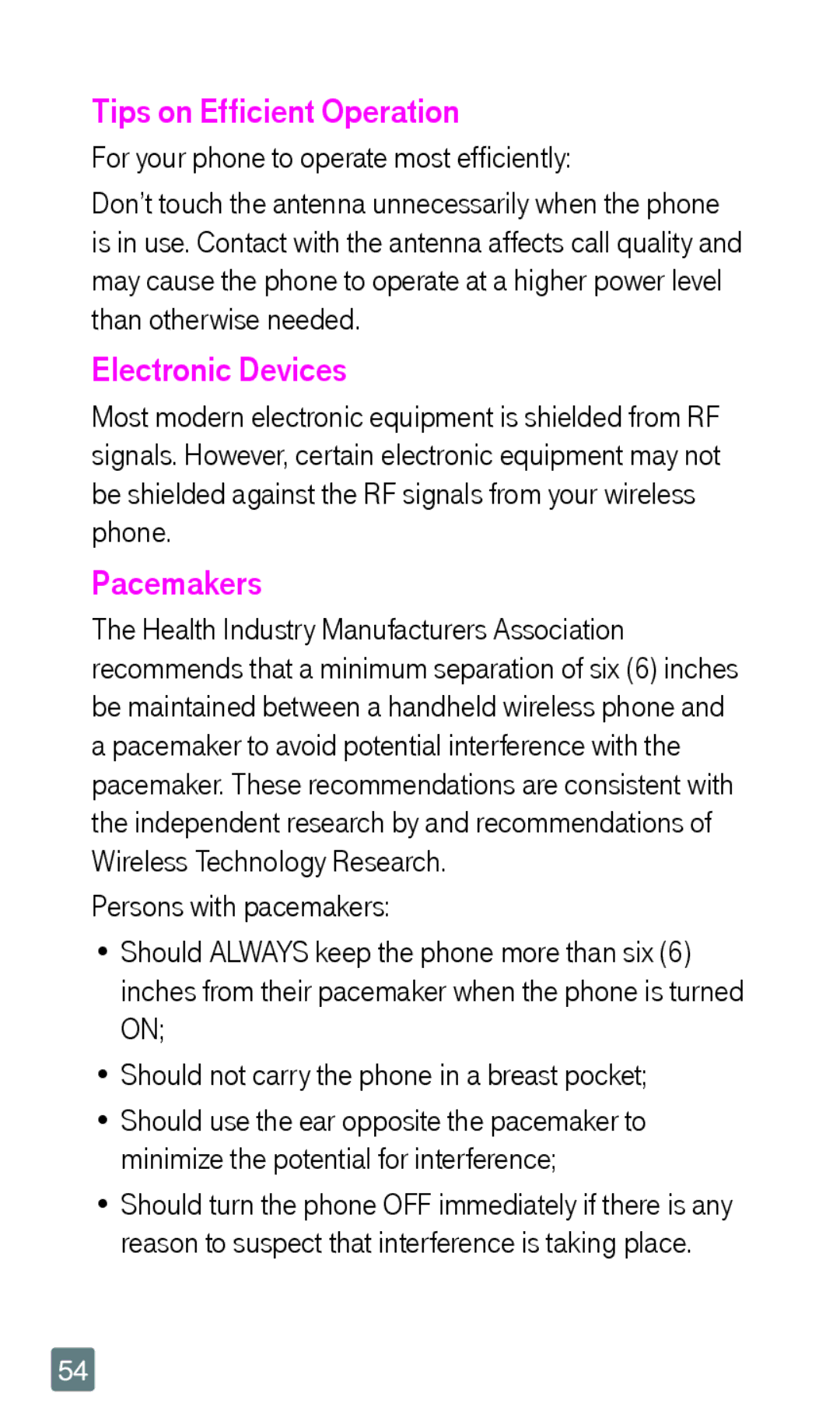 LG Electronics F6 Tips on Efficient Operation, Electronic Devices, Pacemakers, For your phone to operate most efficiently 