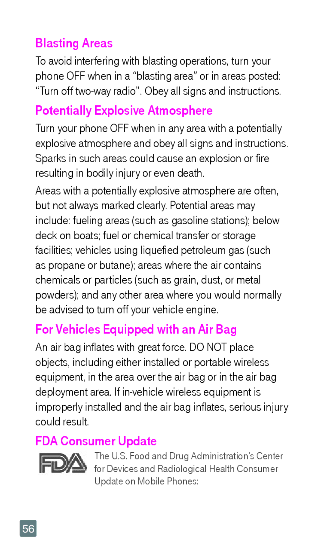 LG Electronics F6 manual Blasting Areas, Potentially Explosive Atmosphere, For Vehicles Equipped with an Air Bag 