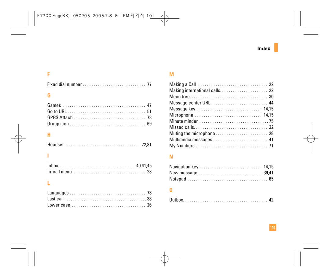 LG Electronics F7200 manual Index, Outbox 