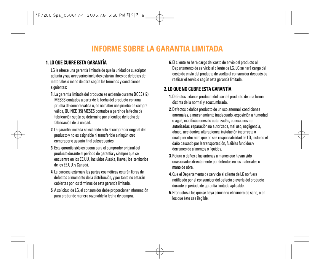 LG Electronics F7200 manual Informe Sobre LA Garantia Limitada 