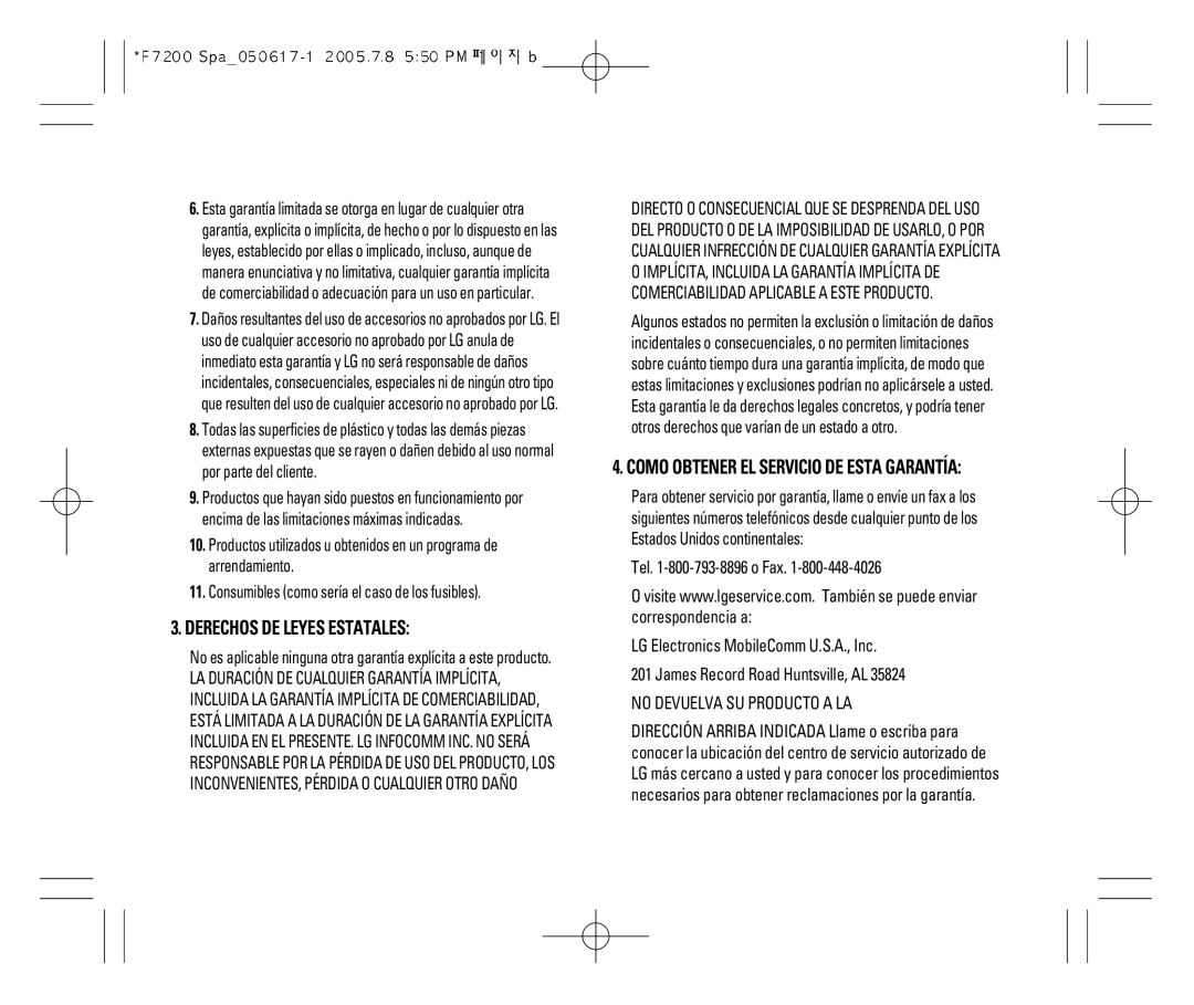 LG Electronics F7200 manual Derechos DE Leyes Estatales 