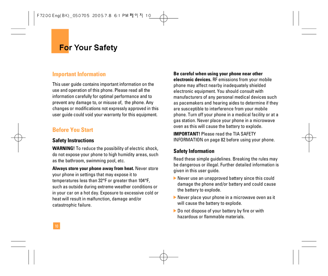 LG Electronics F7200 For Your Safety, Important Information, Before You Start, Safety Instructions, Safety Information 