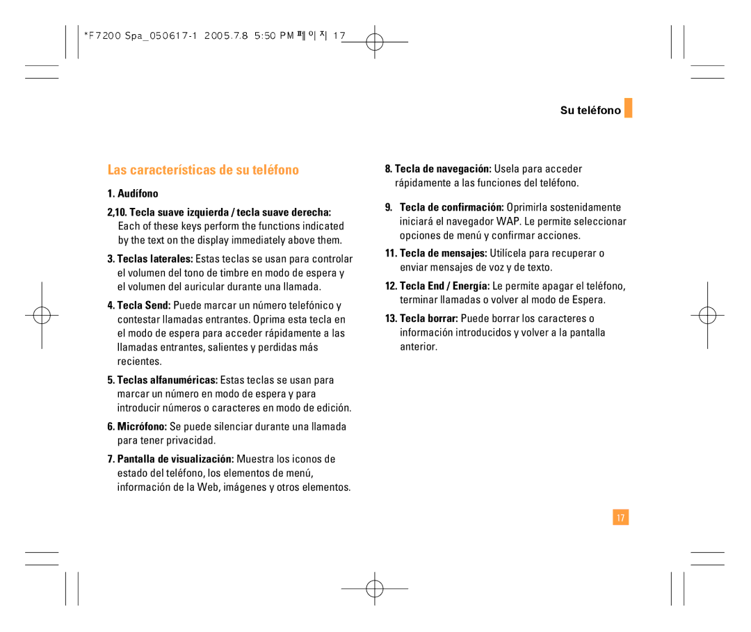 LG Electronics F7200 manual Las características de su teléfono, Audífono, Su teléfono 