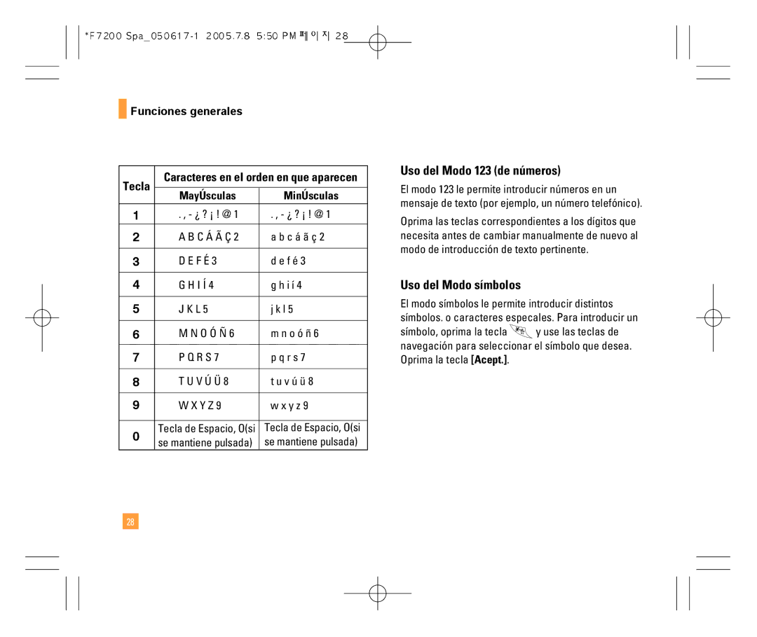 LG Electronics F7200 manual Uso del Modo 123 de números, Uso del Modo símbolos 