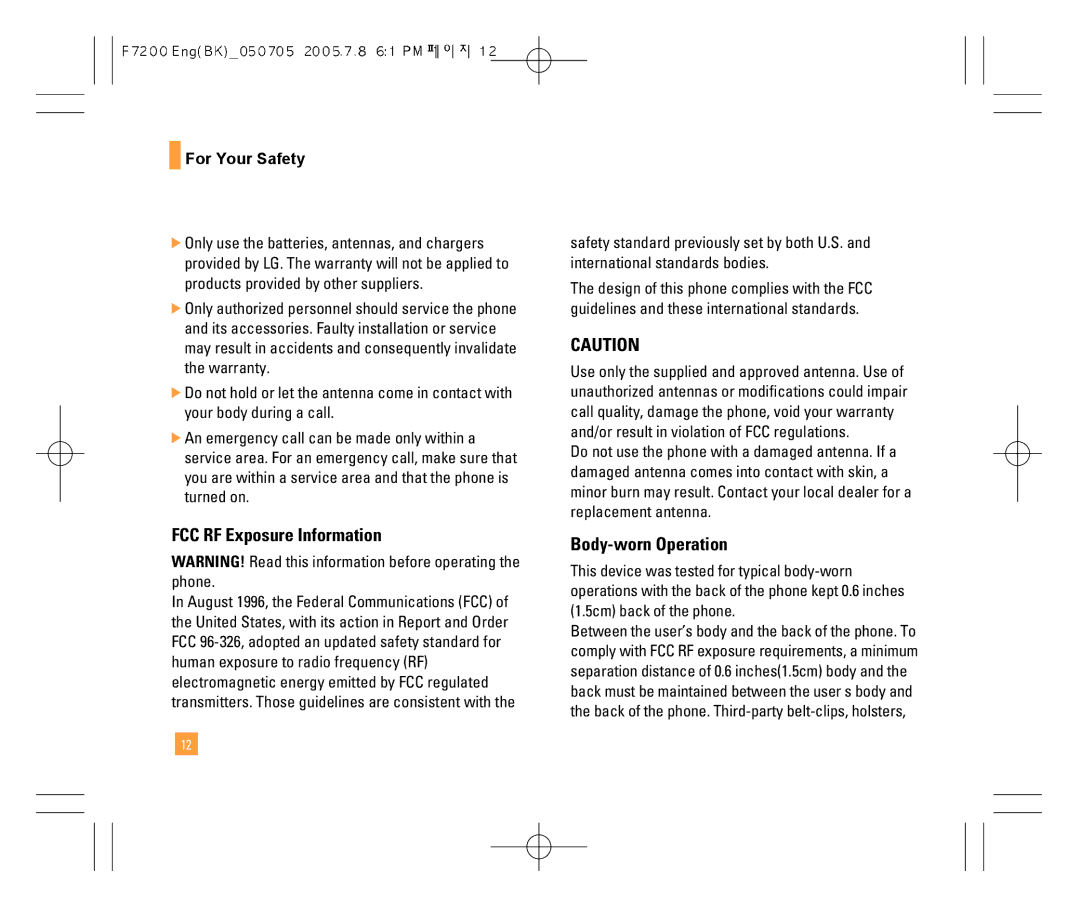 LG Electronics F7200 manual FCC RF Exposure Information, Body-worn Operation 