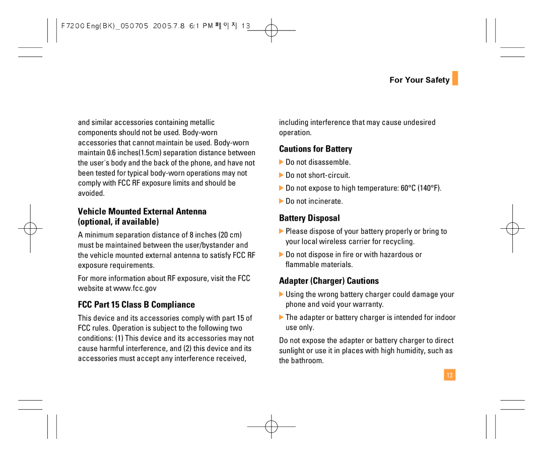 LG Electronics F7200 manual Vehicle Mounted External Antenna optional, if available, FCC Part 15 Class B Compliance 