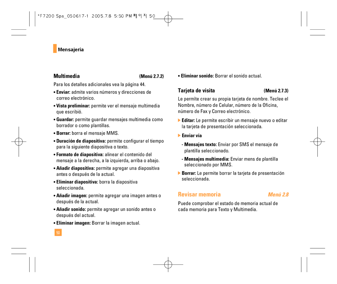 LG Electronics F7200 manual Revisar memoria, Tarjeta de visita 