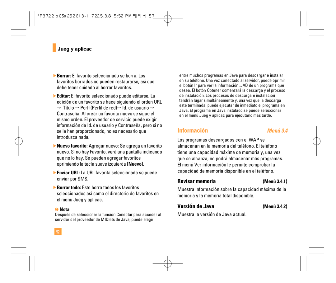 LG Electronics F7200 manual Información, Revisar memoria, Versión de Java, Muestra la versión de Java actual 