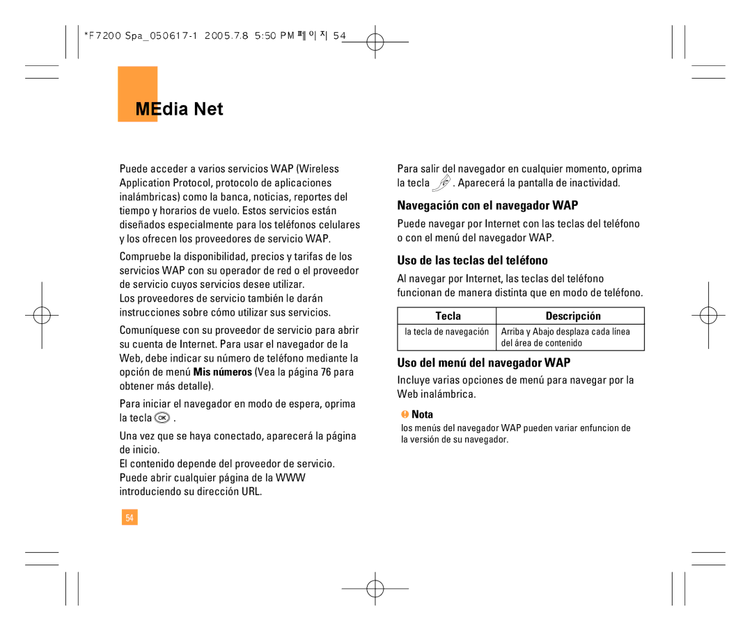 LG Electronics F7200 manual Navegación con el navegador WAP, Uso de las teclas del teléfono, Uso del menú del navegador WAP 