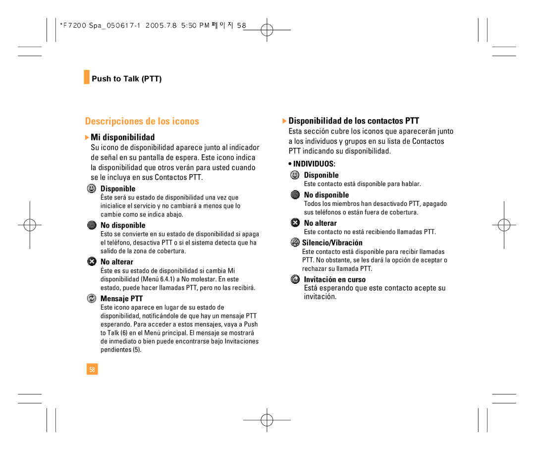 LG Electronics F7200 manual Descripciones de los iconos, Mi disponibilidad, Disponibilidad de los contactos PTT 