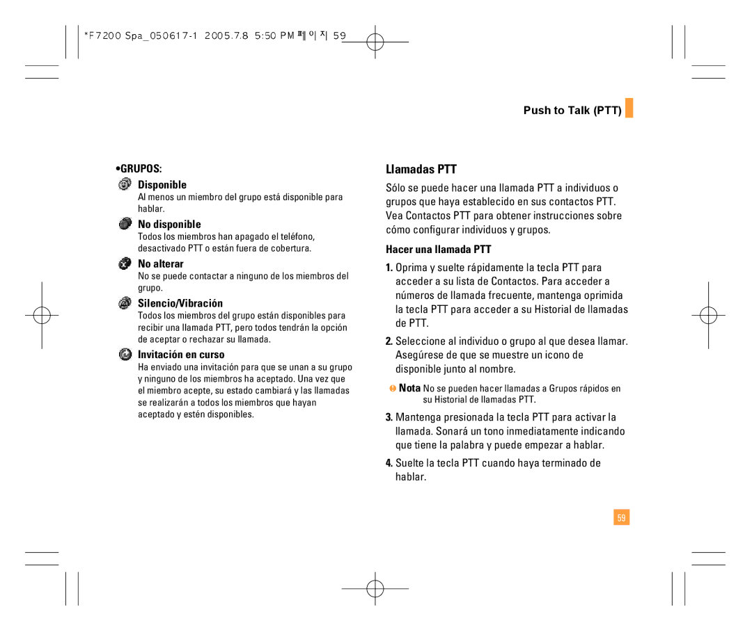 LG Electronics F7200 manual Llamadas PTT, Hacer una llamada PTT, Suelte la tecla PTT cuando haya terminado de hablar 