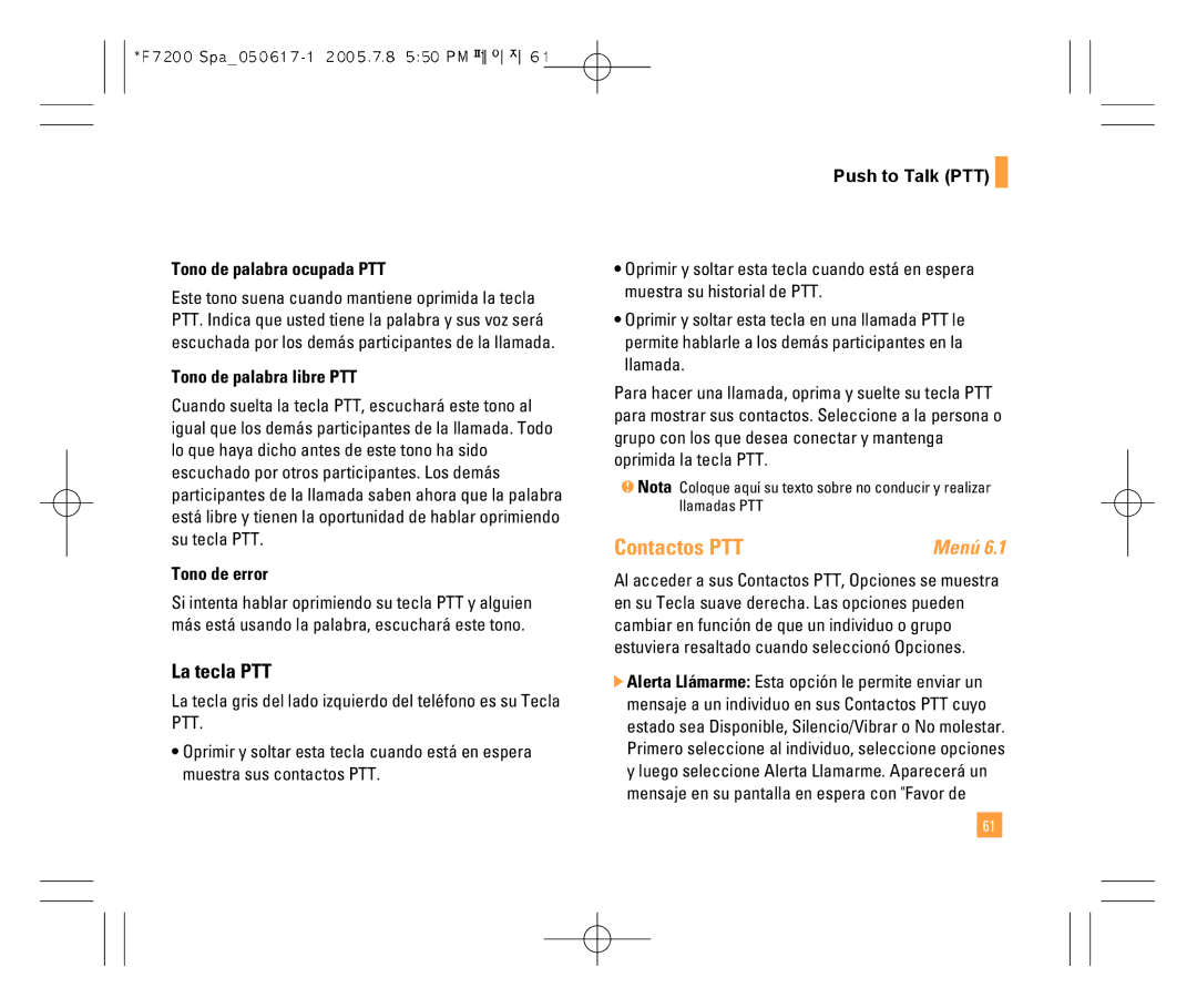 LG Electronics F7200 Contactos PTT, La tecla PTT, Tono de palabra ocupada PTT, Tono de palabra libre PTT, Tono de error 