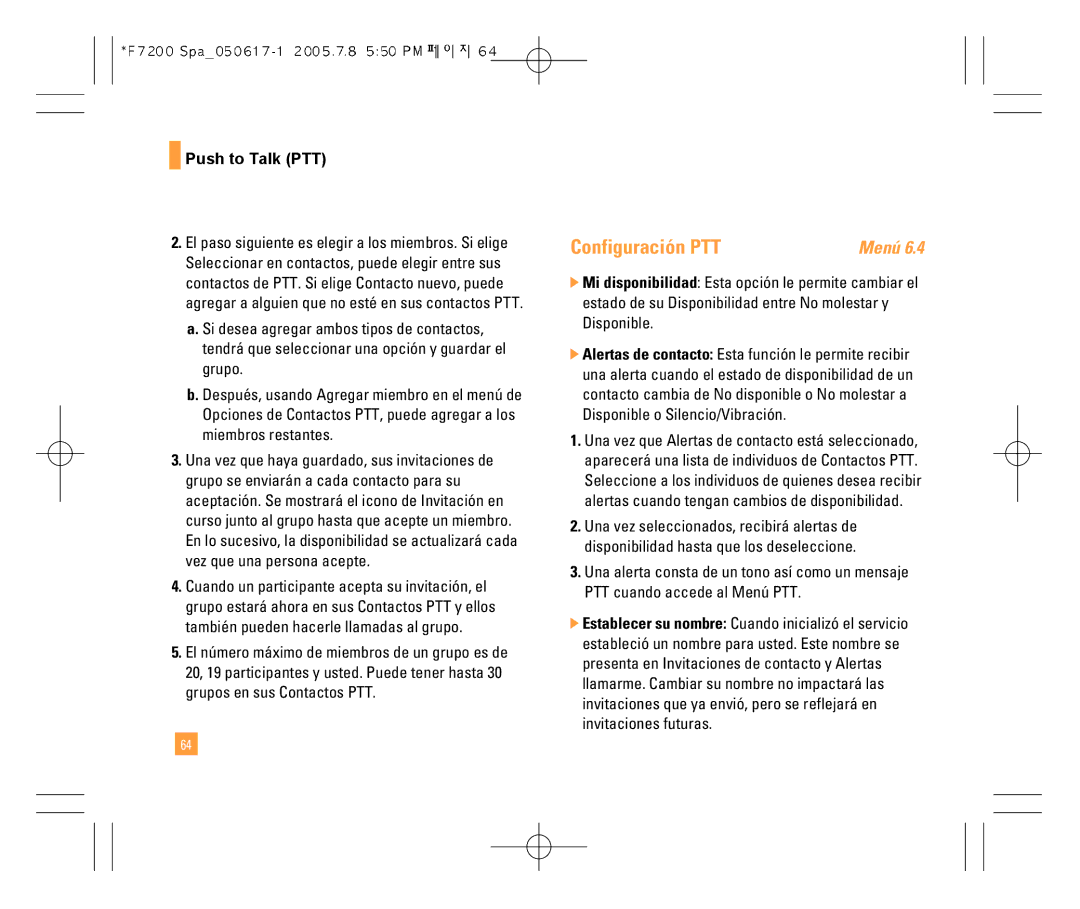 LG Electronics F7200 manual Configuración PTT 