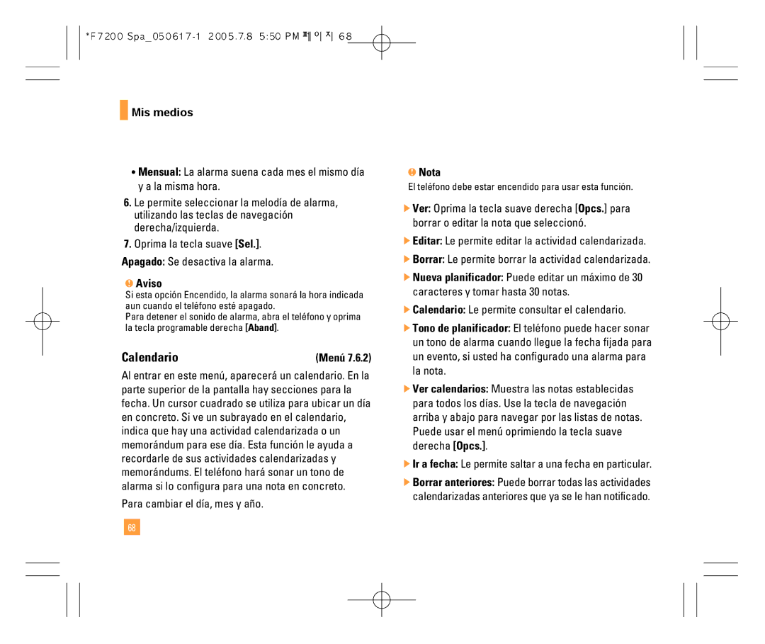 LG Electronics F7200 manual Calendario, Mis medios, Para cambiar el día, mes y año 