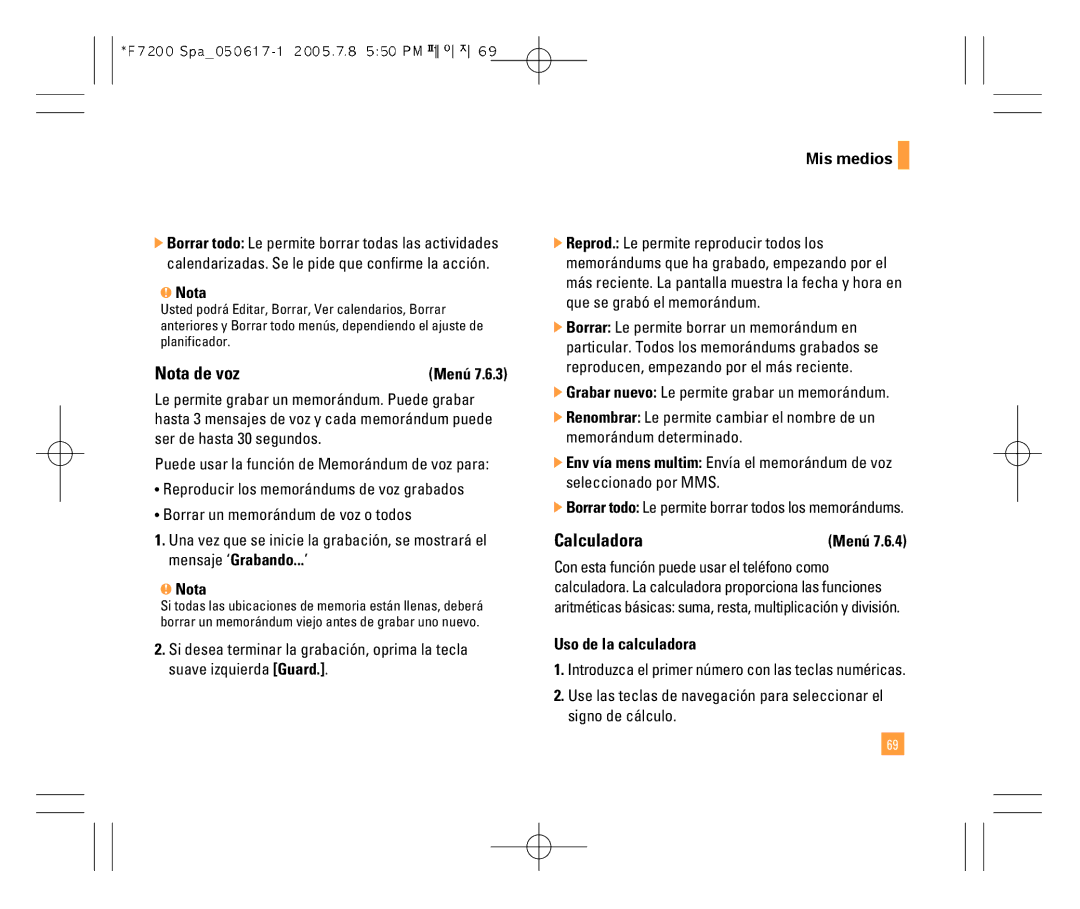 LG Electronics F7200 Nota de voz, Calculadora, Borrar todo Le permite borrar todos los memorándums, Uso de la calculadora 