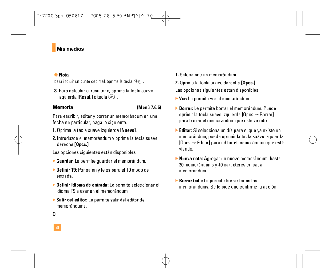 LG Electronics F7200 manual Memoria, Mis medios Nota, Ver Le permite ver el memorándum 