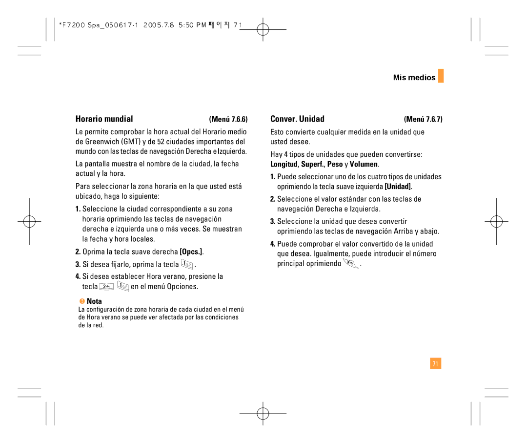 LG Electronics F7200 manual Horario mundial, Conver. Unidad 