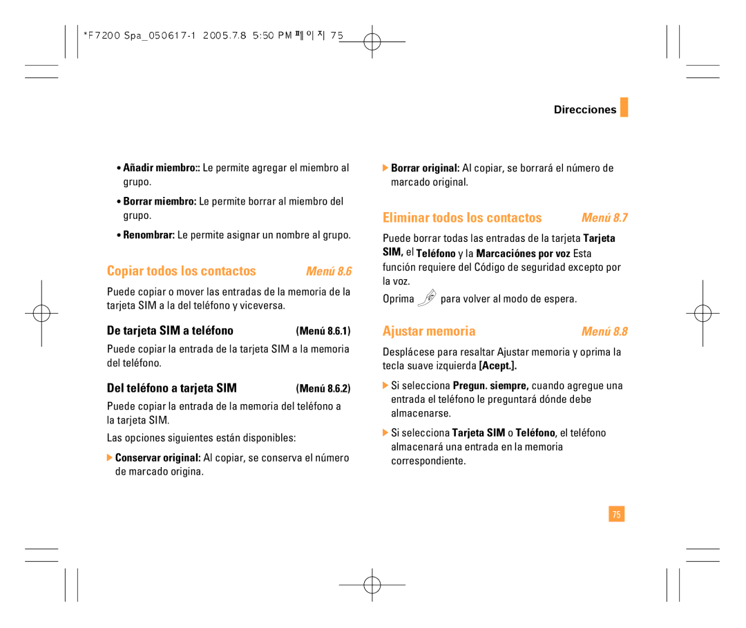 LG Electronics F7200 Copiar todos los contactos, Eliminar todos los contactos, Ajustar memoria, De tarjeta SIM a teléfono 