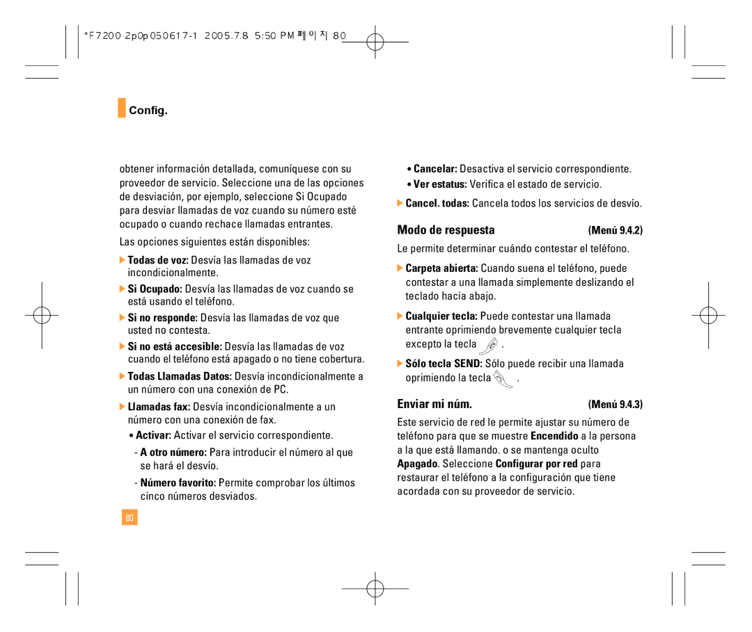 LG Electronics F7200 manual Modo de respuesta, Enviar mi núm 