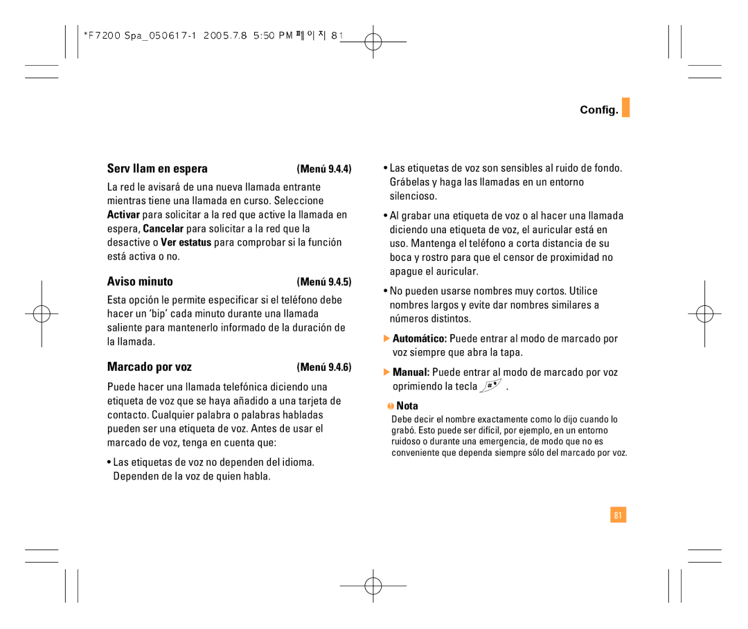 LG Electronics F7200 manual Serv llam en espera, Aviso minuto, Marcado por voz 