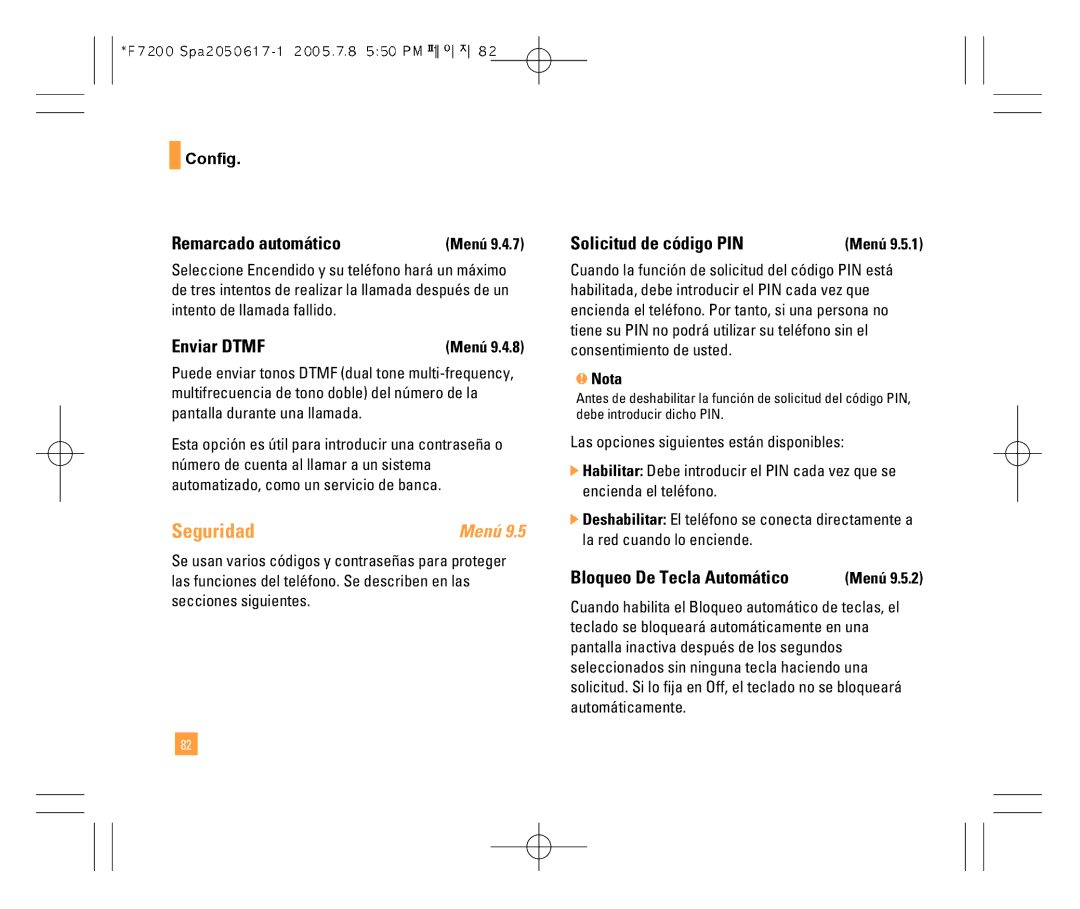 LG Electronics F7200 Seguridad, Remarcado automático, Enviar Dtmf, Solicitud de código PIN, Bloqueo De Tecla Automático 