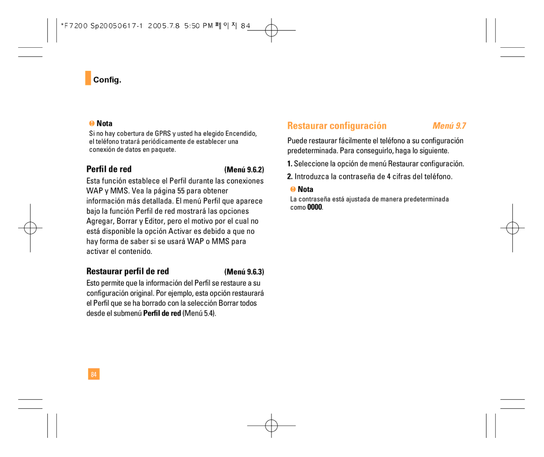 LG Electronics F7200 manual Restaurar configuración, Perfil de red, Restaurar perfil de red, Config Nota 