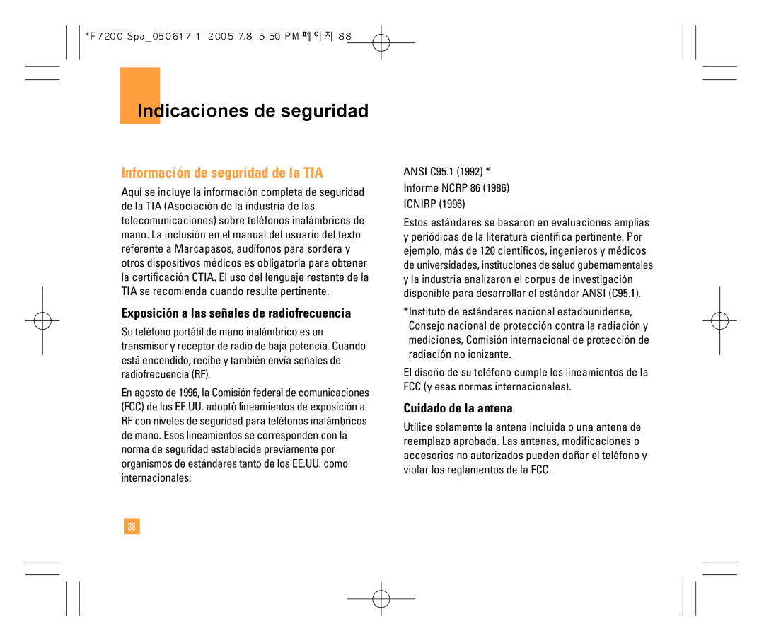 LG Electronics F7200 manual Indicaciones de seguridad, Información de seguridad de la TIA, Cuidado de la antena 