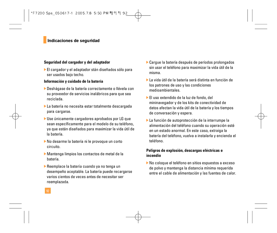 LG Electronics F7200 manual Información y cuidado de la batería, Peligros de explosión, descargas eléctricas e incendio 