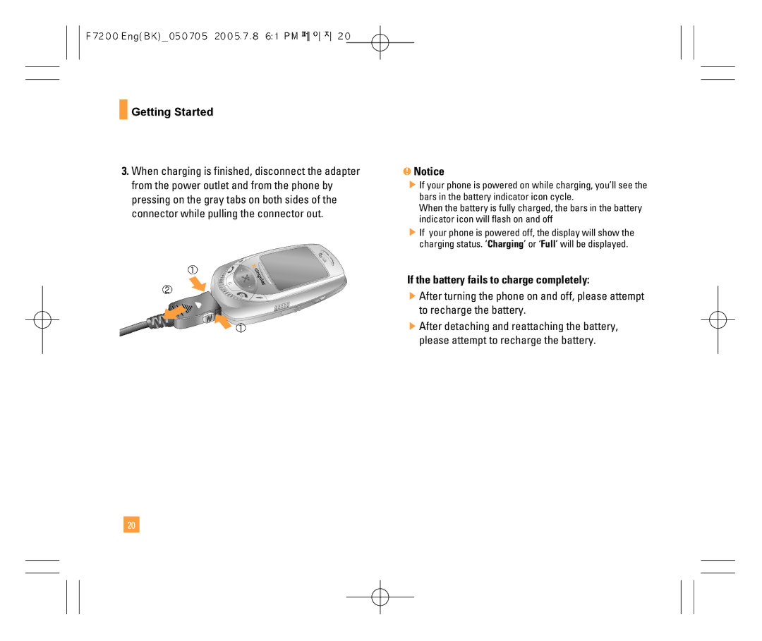 LG Electronics F7200 manual If the battery fails to charge completely 