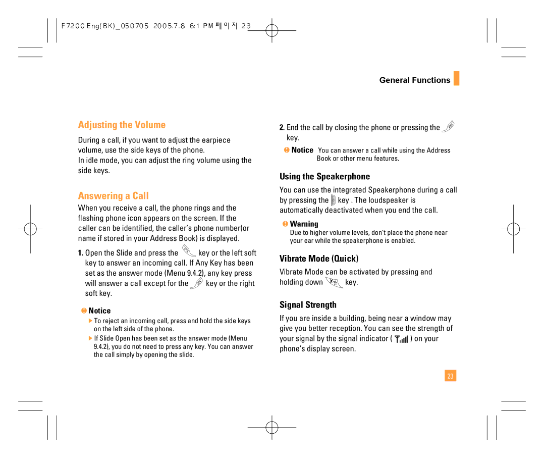 LG Electronics F7200 Adjusting the Volume, Answering a Call, Using the Speakerphone, Vibrate Mode Quick, Signal Strength 